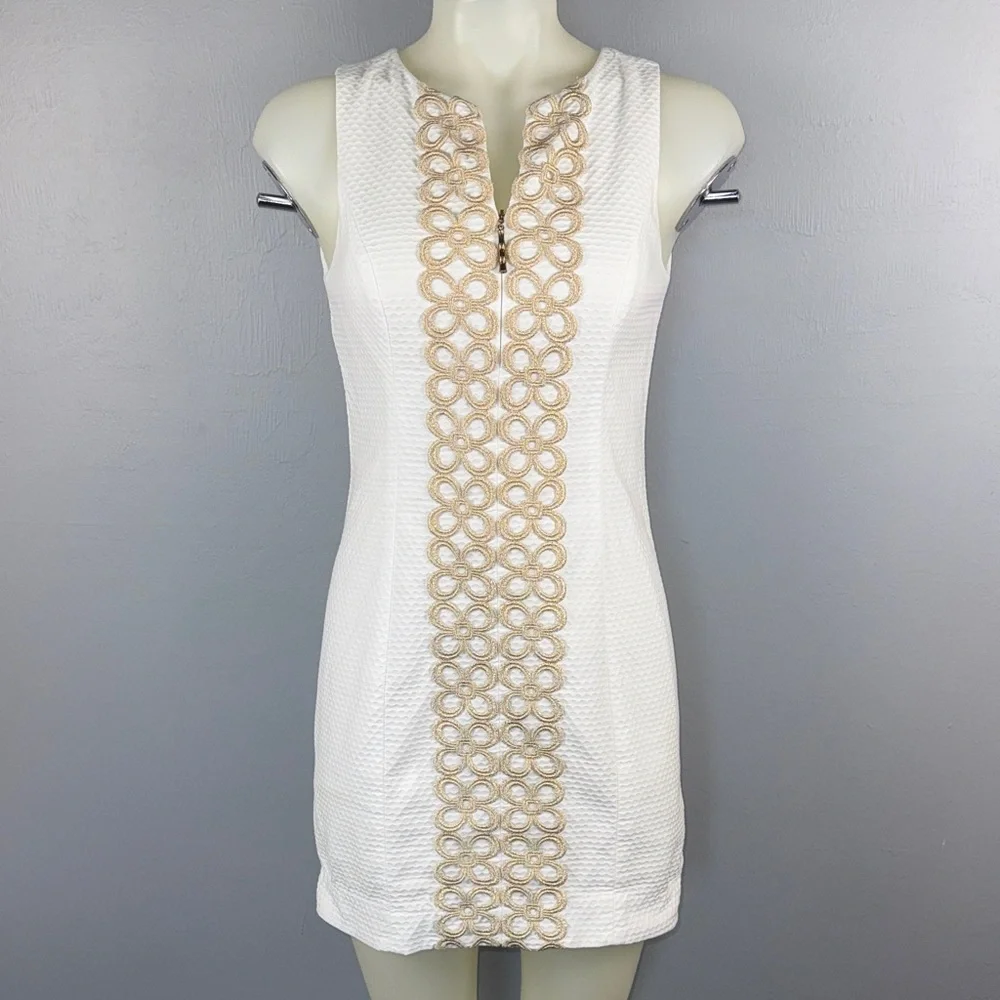 Lilly Pulitzer Shift Dress Women’s 0 White with Gold Detailing Textured Jacquard